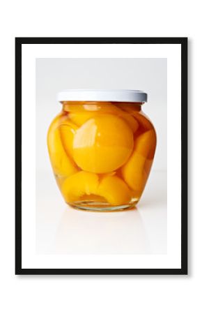 Canned peaches in glass jar isolated on white background