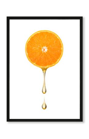 Juice in the shape of drop flowing from a slice of orange, on white background