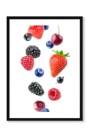 Isolated berries. Falling blueberry, blackberry, raspberry, strawberry, black currants and cherry fruits isolated on white background with clipping path