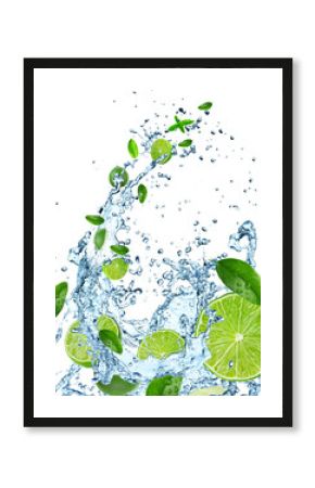 Fresh limes with water splash on white.