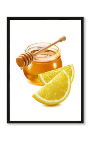 Honey jar and lemon pieces isolated on white background