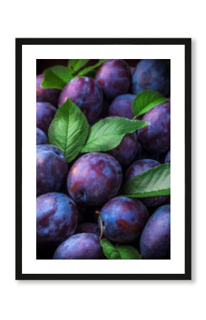 Plums colorful overhead closeup group with green leaves on dark background in studio