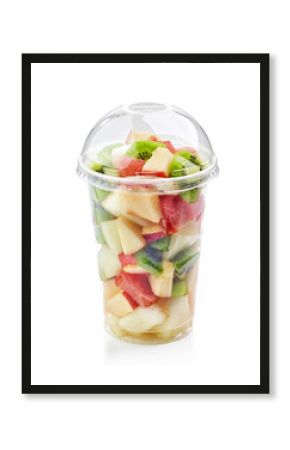 fresh fruit pieces salad in plastic cup