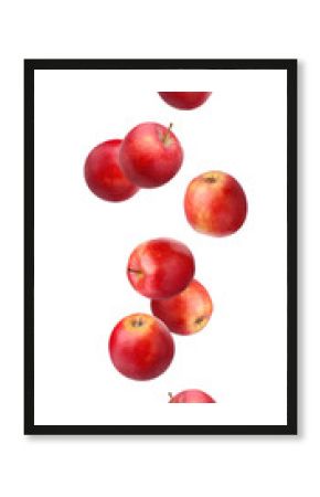 Falling (flying) red apples isolated on white.