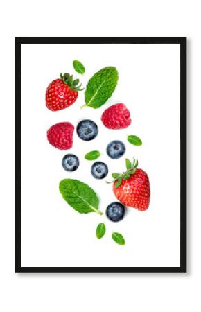 Various fresh forest berries isolated on white background, top view. Berry border frame. Flat lay.