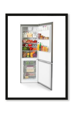 Open refrigerator with many different products on white background