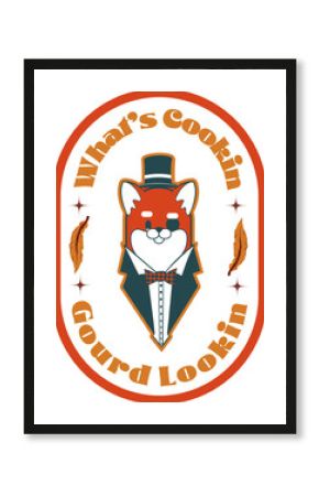 tuxedo fox is standing inside orange oval in flat illustration with stars on clear background