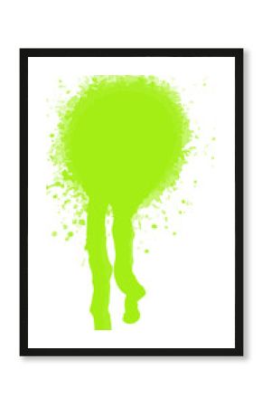Lime green paint splash is floating on transparent flat-design backdrop with uneven burst and drips