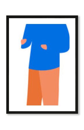 Showing peach figure wearing blue top and orange trousers in flat design on transparent background