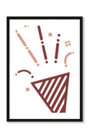 Flat vector party popper cone is bursting red and peach confetti elements on transparent background