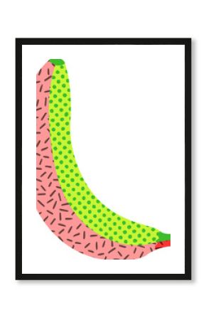 Flat banana is showing split pink green halves, sprinkles, dots, stem, red tip on transparent field