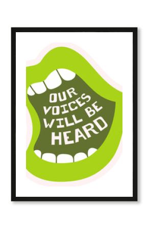 Showing stylized open mouth graphic in lime green with curved slogan text, transparent background