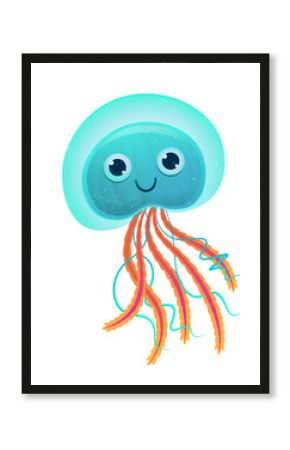 Cartoon jellyfish floating on transparent backdrop, with turquoise bell and orange-teal tentacles