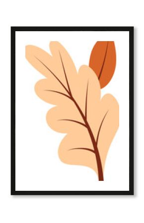 Peach oaklike leaf and orange elongated leaf are overlapping in flat design, transparent background