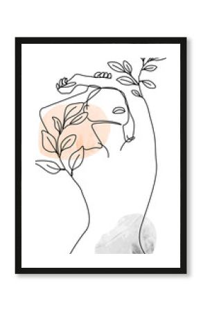 Abstract form is reclining in sketch with branches, peach oval, gray circle, transparent background