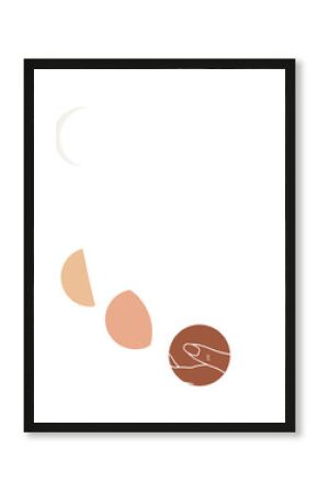 White line-art hand holding brown orb, peach shapes, sparkles, cream crescent moon on transparent