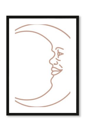 Stylized crescent moon face is appearing in flat art with peach single-line, transparent background