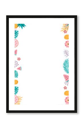 Tropical fruit and leaves border is framing center in flat style, transparent background