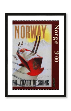 Vintage touristic poster from Norway on postage stamp