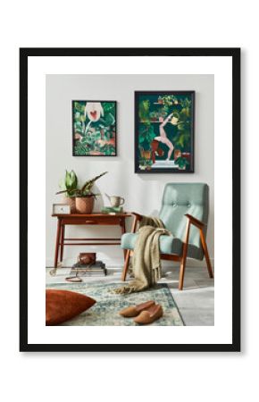 Interior design of retro living room with stylish vintage armchair, shelf, house plants, cacti, decoration, carpet and two mock up poster frames on the white wall. Botany home decor. Template.