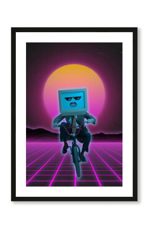 Contemporary art collage of man in suit with retro computer instaed head riding bike isolated over abstract background in neon light