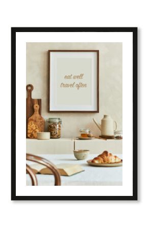 Creative and modern dining room interior design with mock up poster frames, beige sideboard, family dining table and retro inspired personal accessories. Copy space. Template. Autumn vibes..