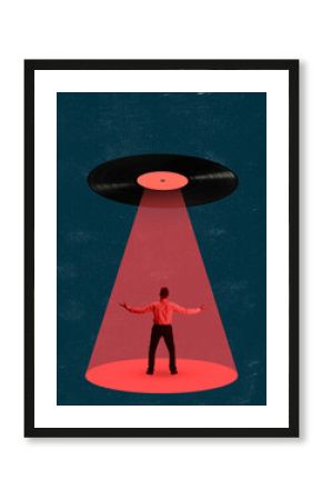Contemporary art collage of man in the red spotlight from vinyl record isolated over blue background
