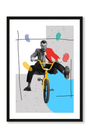 Bright contemporary art collage. Ideas, vintage, retro style, imagination. Excited man ridding kids bicycle on abstract background with drawings.