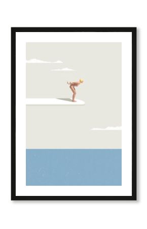 Contemporary art collage. Young girl in retro swimming suit and cap preparing to dive from starting block into sea.