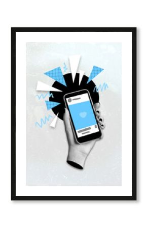 Vertical poster collage of hand with telephone isolated on drawing grey color background