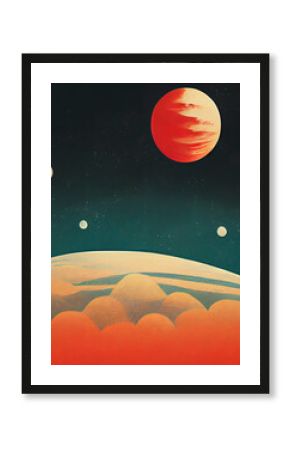 A retro space poster in a vintage travel illustration style