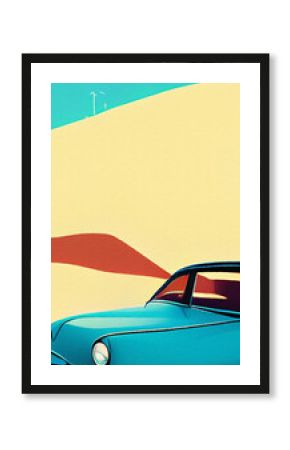 Retro red sport car riding on the road and mountains landscape on background. Mountain road and vintage car retro style flat illustration in minimalist style. Old american artwork style. Poster print
