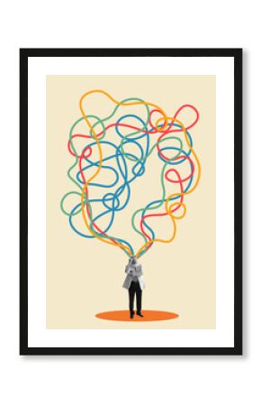 Contemporary art collage. Old man in retro suit thinking, generating new ideas. Endless stream of thoughts.