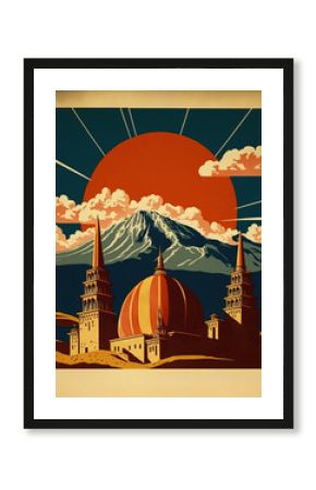 Temple in the desert, a mountain with a red sun in the background, an art deco, vintage retro poster art