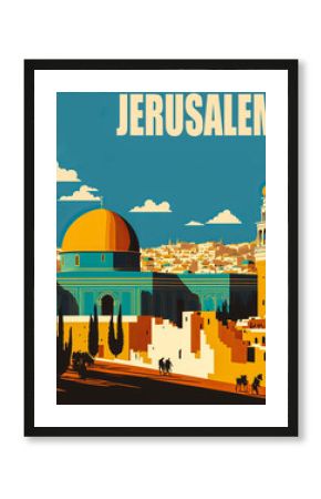 Vintage 1960s poster of Jerusalem with the Western Wall and Dome of the Rock in the background. Sky is clear blue with muted colors and a flattened design. Generative AI