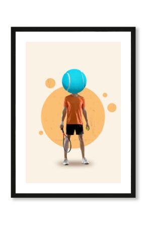 Contemporary art collage, poster with portrait of male tennis player with tennis ball instead his head. Surrealism, creativity, sport, aspiration concept