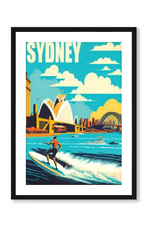 Vintage poster of 1950s Sydney with a surfer silhouette, Opera House, and Harbour Bridge. Bright blue sky with white clouds, vivid colors and flat design. Generative AI