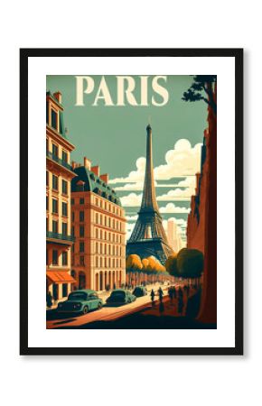 Old vintage poster of Paris, with its characteristic architecture and atmosphere of the city. Ideal for nostalgic and aesthetic projects. Title: Paris. Generative AI