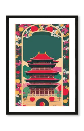 A set of vector backgrounds for text Japan, Korea, and China Travel Poster. Handmade drawing vector illustration. Flat design. Vintage traditional ukiyo-e style. Fuji mountain with Japanese wave patte