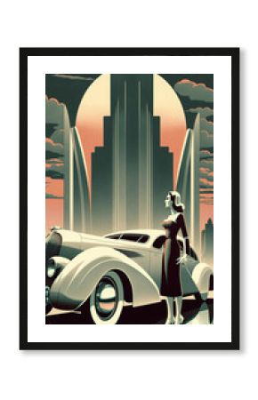 illustration of woman with future technology in retro futuristic 30s style poster ,generative ai