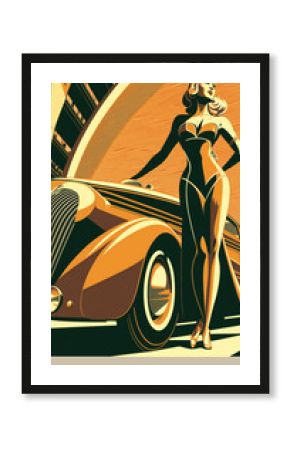 illustration of woman with future technology in retro futuristic 30s style poster ,generative ai