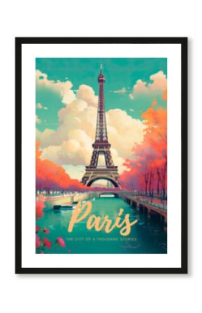 Paris, Eiffel Tower, and the Seine River. A retro-style poster with a colorful illustration of the Eiffel Tower, generative AI