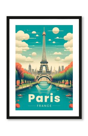 Paris, Eiffel Tower, and the Seine River. A retro-style poster with a colorful illustration of the Eiffel Tower, generative AI