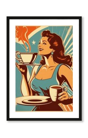Vintage retro poster, woman with coffee cup. Advertising poster 50s, 60s, coffee sale. Grunge poster. AI Generated