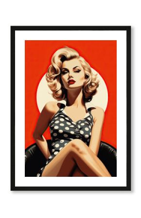 Beautiful pin up girl wearing polka dot dress. 50s style retro poster graphic with red background. Generative AI