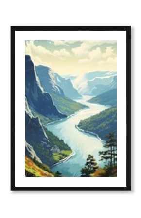 Colorful retro style illustration travel poster of a Scandinavian fjord.