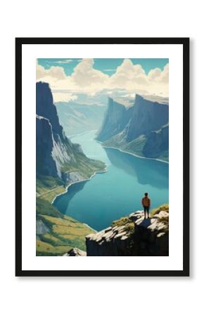 Colorful retro style illustration travel poster of a Scandinavian fjord.