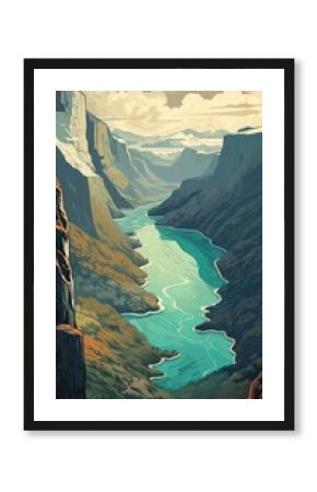 Colorful retro style illustration travel poster of a Scandinavian fjord.