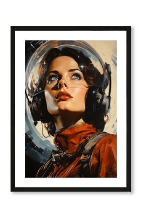 illustration of woman with future technology in retro futuristic 30s style poster ,generative ai 