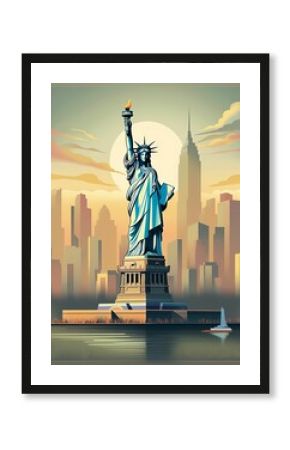 AI-generated illustration of a vintage visit New York travel poster with the Statue of Liberty.